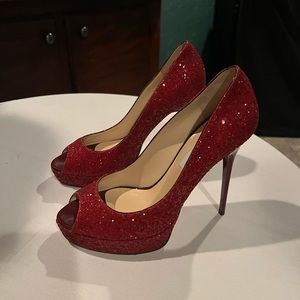 Jimmy Choo Red Glitter Quiet Peep Toe Stiletto Pumps